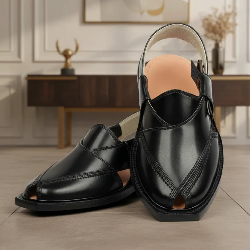 Handmade Black Quetta Norozi Leather Chappal