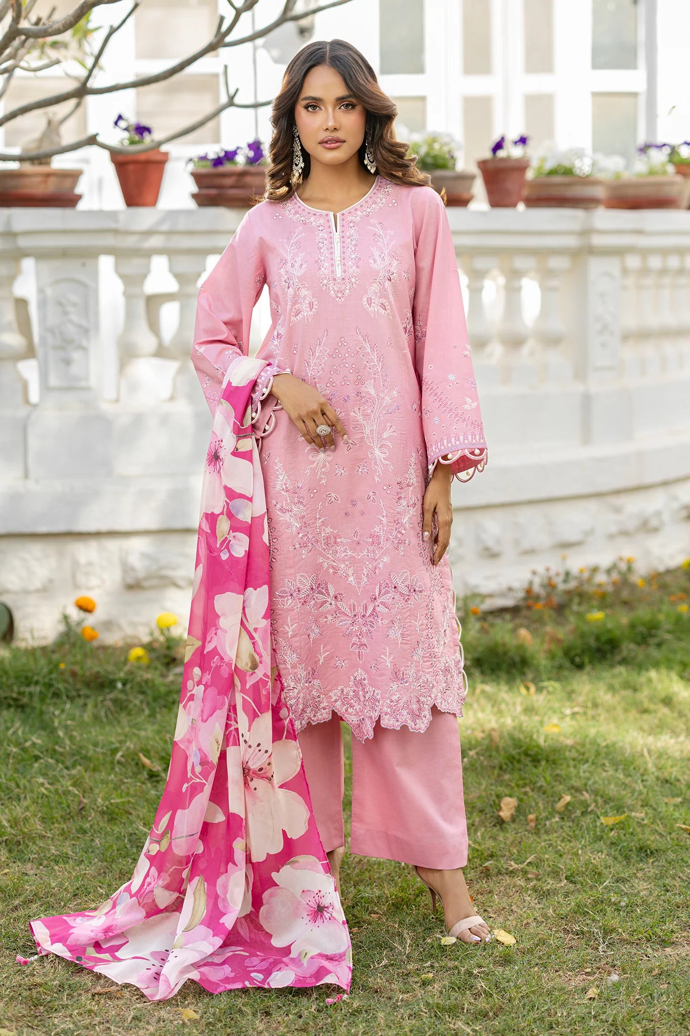 Unstitched 3 Piece Lawn pink Premium