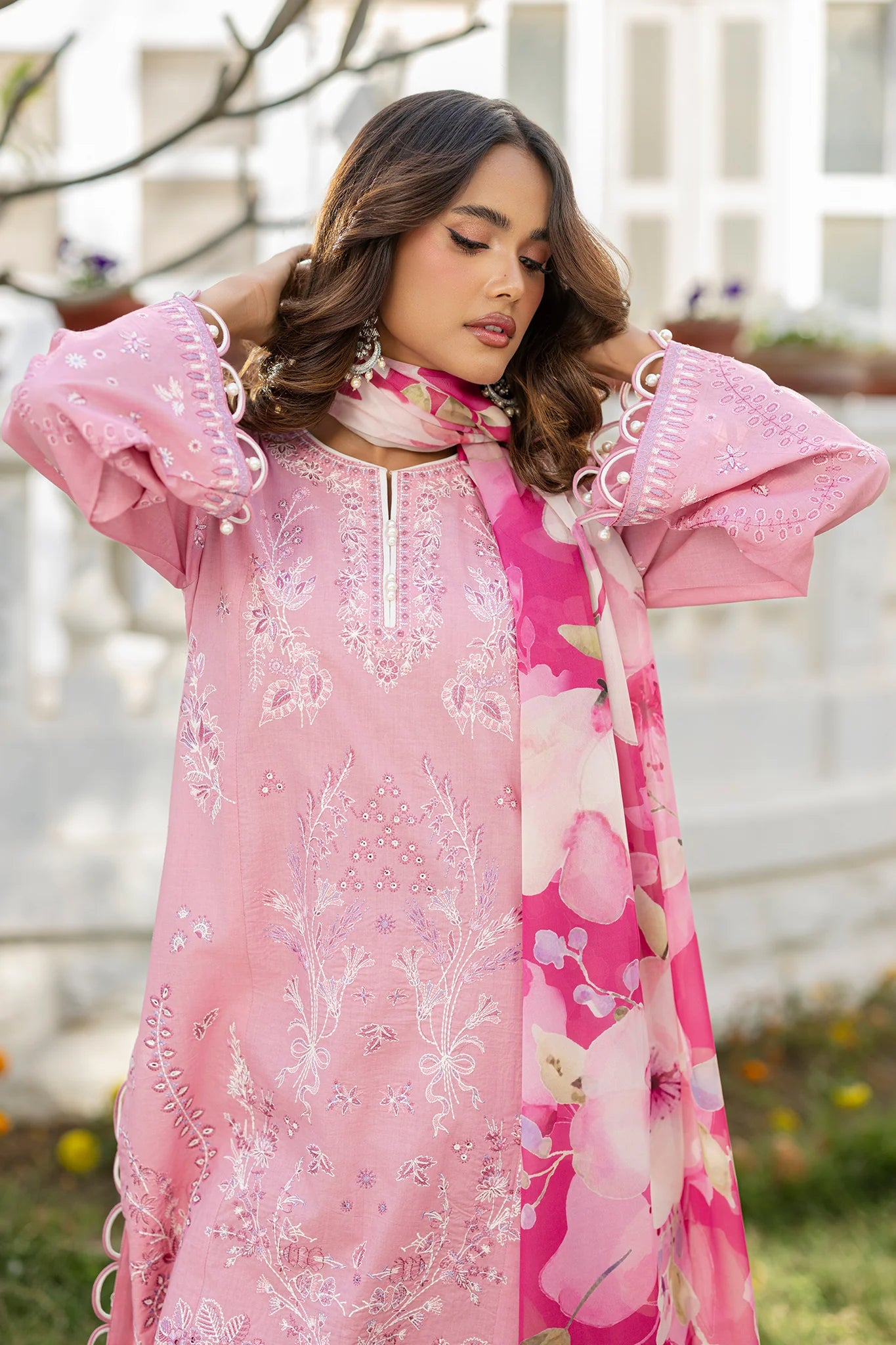 Unstitched 3 Piece Lawn pink Premium